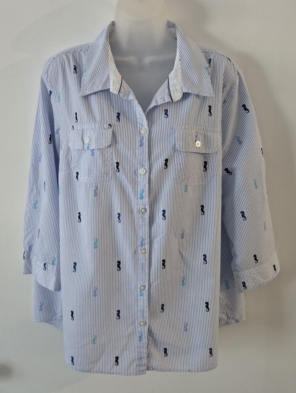 Croft&Barrow Button Down Shirt Stripes And Seahorse Print 3/4 Roll Tab Sleeves